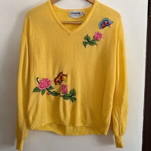 80s Vintage LA MODE DU GOLF Yellow Floral Butterfly Embroidered Golf Sweater L